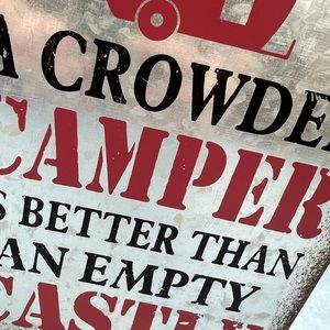 A crowded camper tin sign